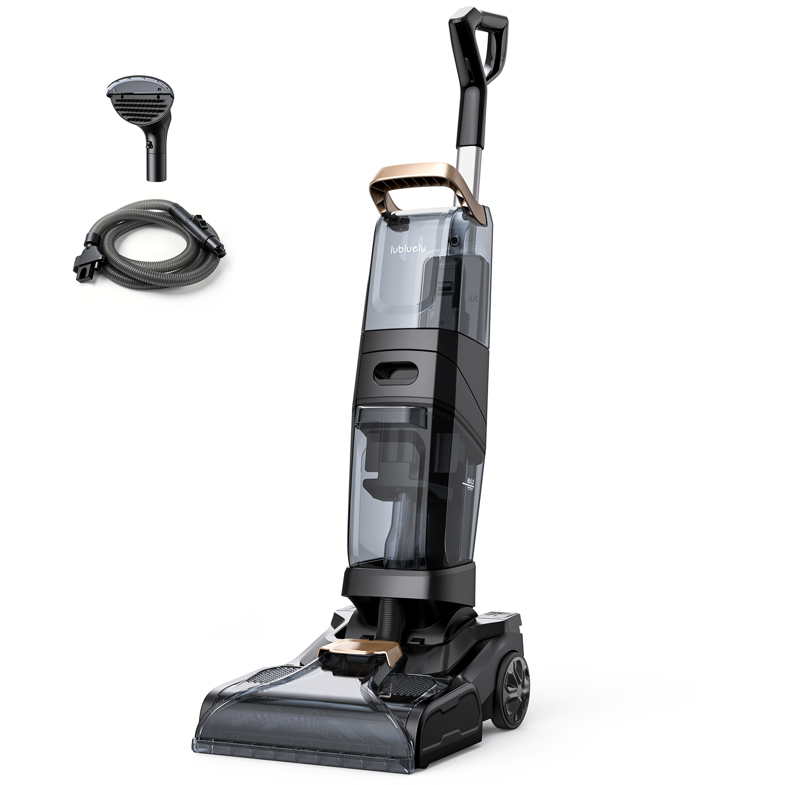 Upright vacuum cleaner with attachments on a white background