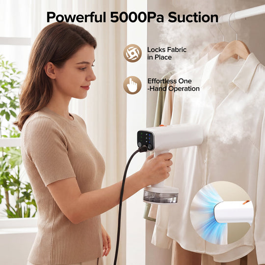 Woman using a handheld vacuum cleaner to clean a shirt on a hanger with text highlighting features.