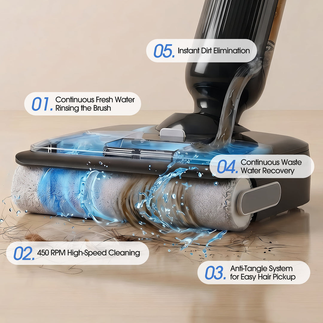 Cleaning device with water flow and text highlighting features on a wooden surface.