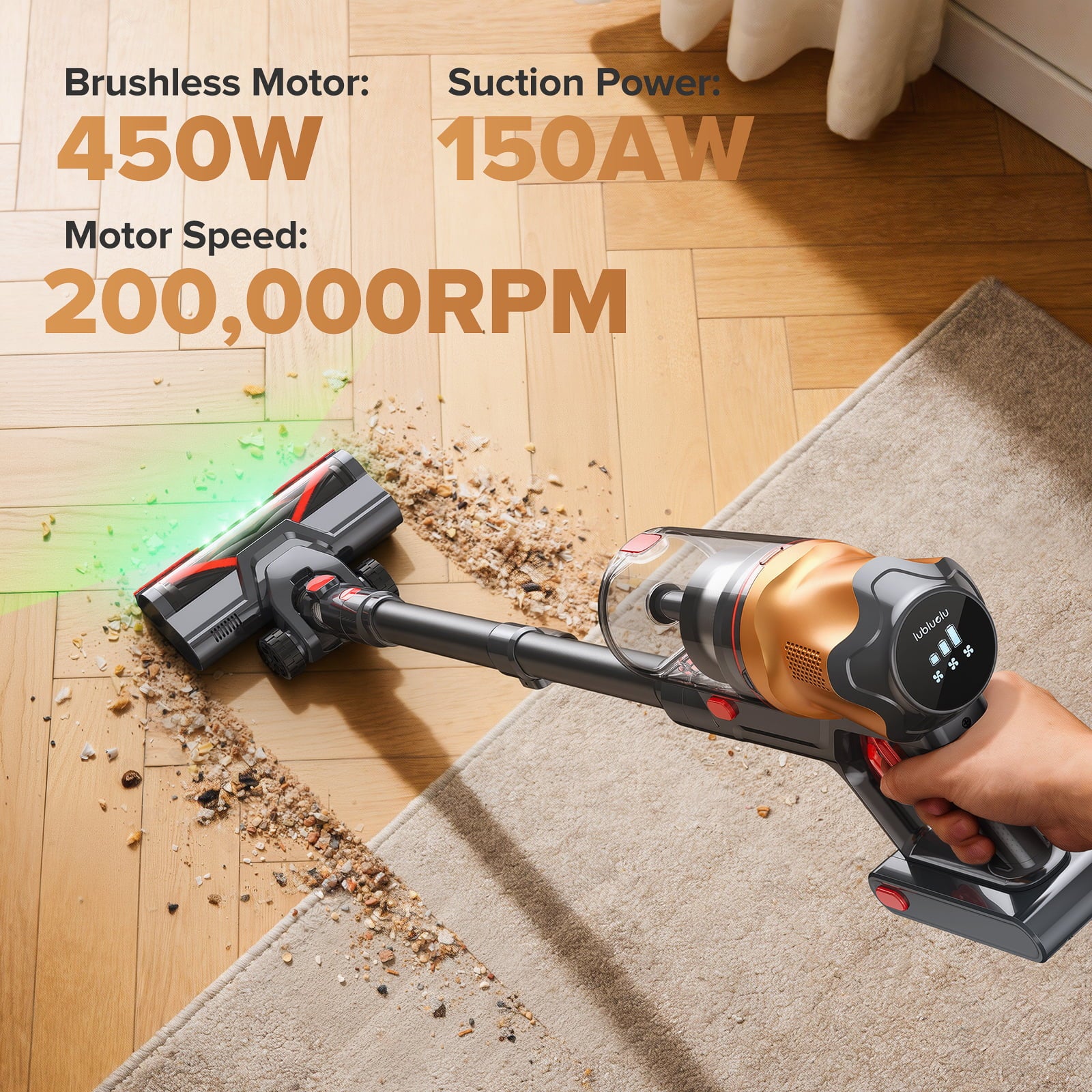 Handheld vacuum cleaner cleaning a floor with specifications displayed.