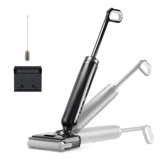 Black and silver handheld vacuum cleaner with attachments on a white background