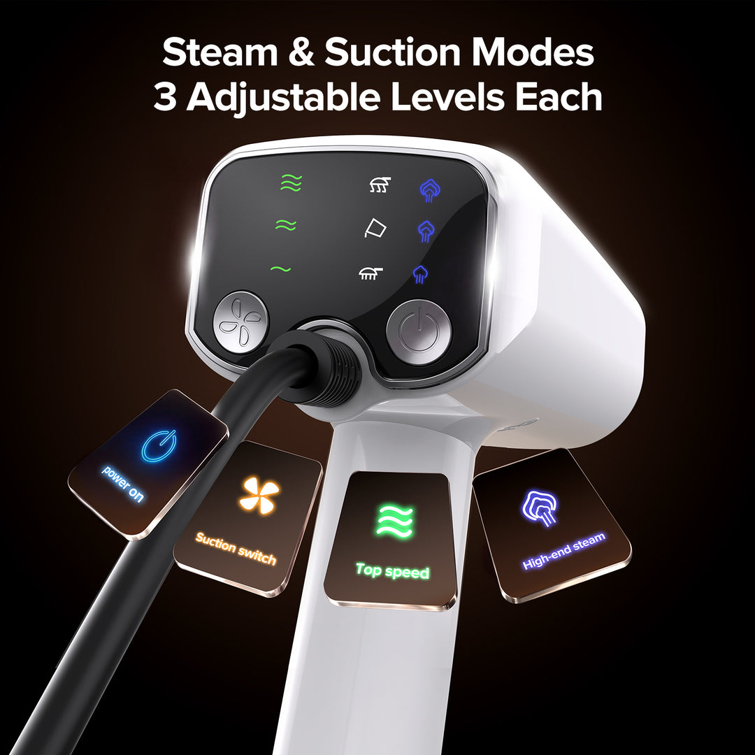 Control panel with steam and suction modes on a dark background