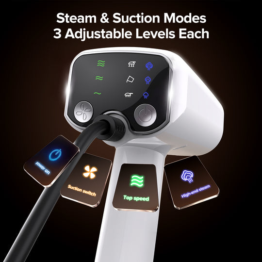 Control panel with steam and suction modes on a dark background