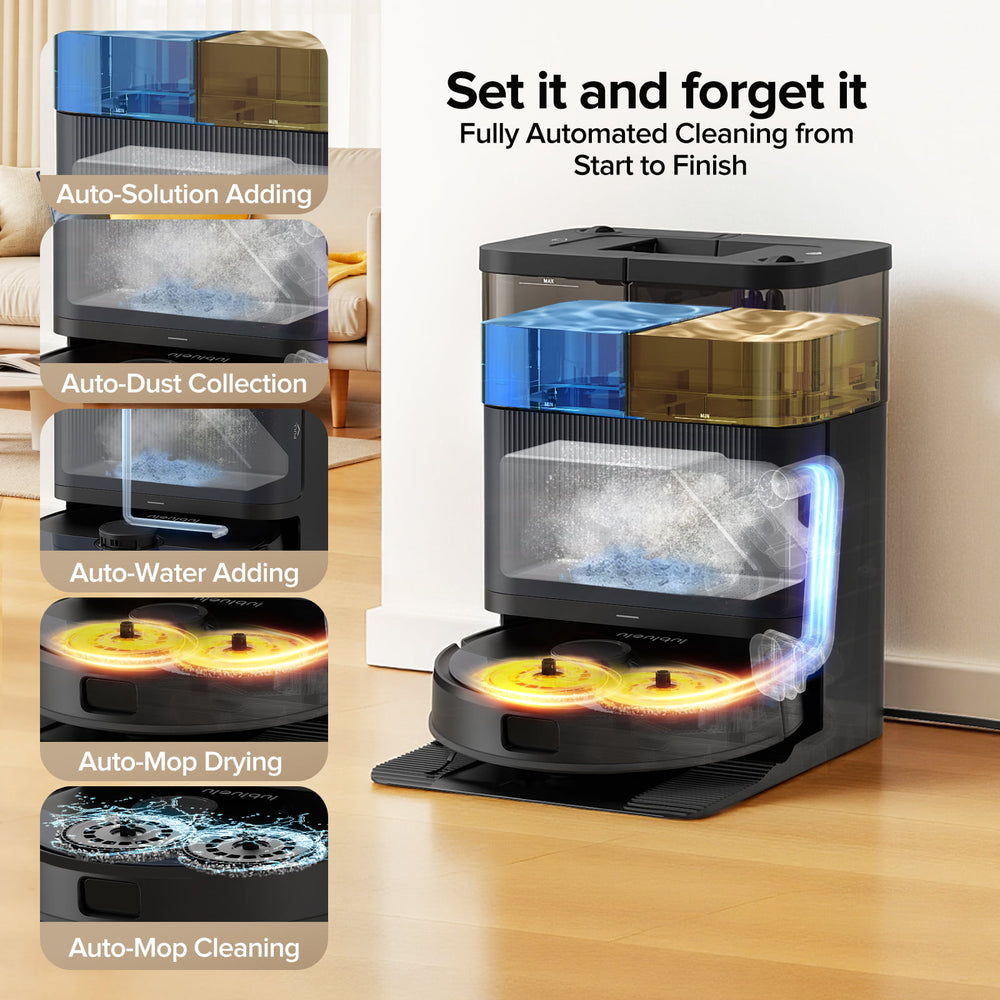 Automated cleaning device with features highlighted on a wooden floor.