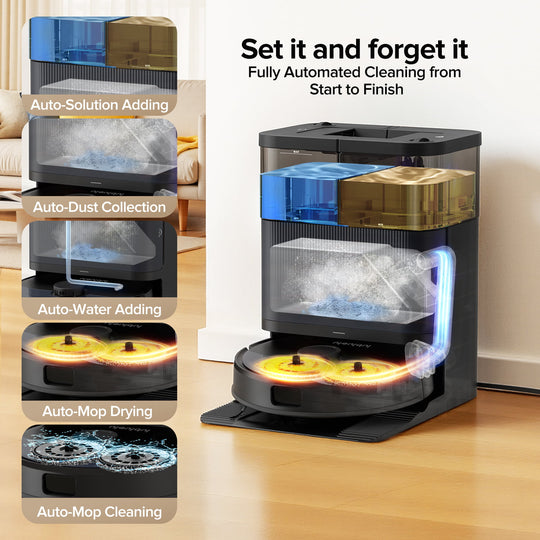 Automated cleaning device with features highlighted on a wooden floor.
