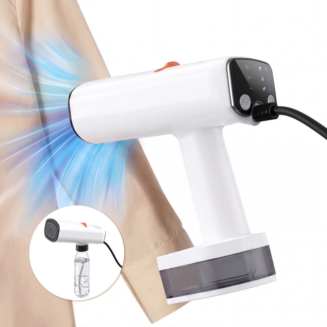 White handheld steamer with steam being applied to a piece of fabric on a white background.
