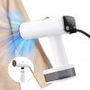 White handheld steamer with steam being applied to a piece of fabric on a white background.