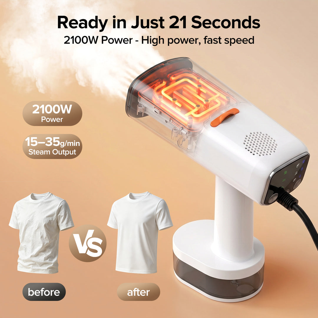 Steam cleaner with text indicating quick usage time and power specifications, showing a shirt before and after cleaning.