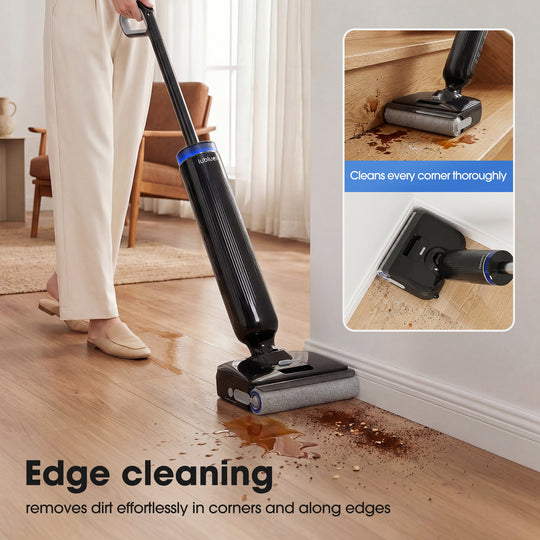 Person using a vacuum cleaner to clean a wooden floor with an inset showing cleaning along edges.
