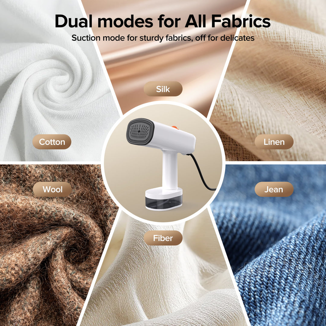 Textured fabric types with a handheld vacuum cleaner and dual mode text.