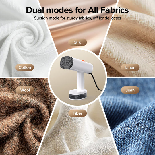 Textured fabric types with a handheld vacuum cleaner and dual mode text.