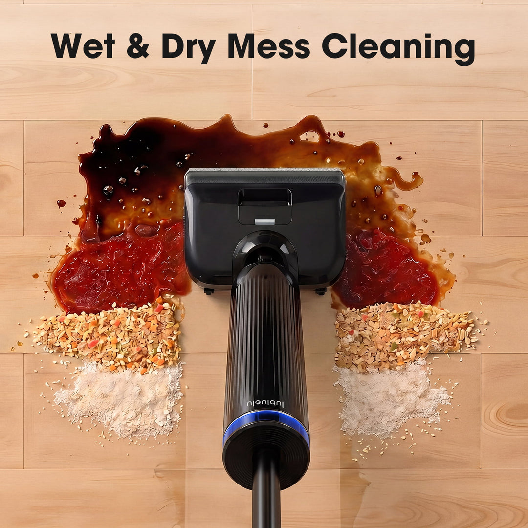 Vacuum cleaner head cleaning a mess on a wooden floor with text 'Wet & Dry Mess Cleaning'.