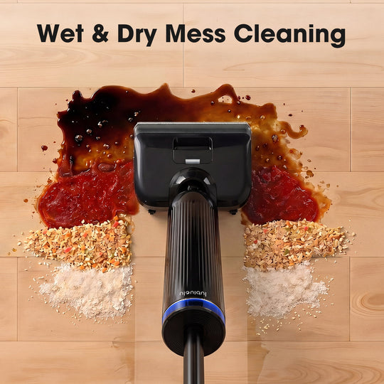 Vacuum cleaner head cleaning a mess on a wooden floor with text 'Wet & Dry Mess Cleaning'.