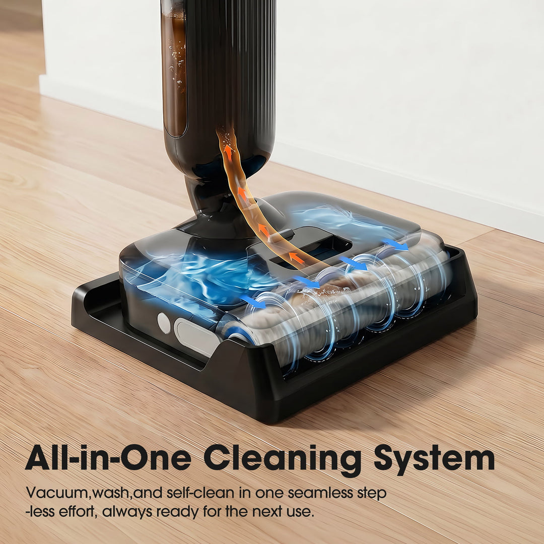Vacuum cleaner with cleaning system on a wooden floor, featuring text about an all-in-one cleaning system.