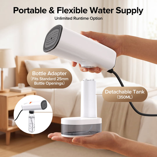 Portable water supply device with detachable tank and bottle adapter in a home setting.