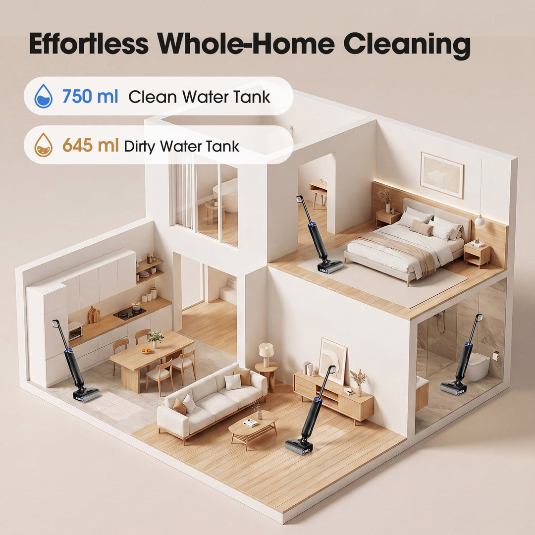 Model of a house with vacuum cleaners in each room, highlighting effortless whole-home cleaning.