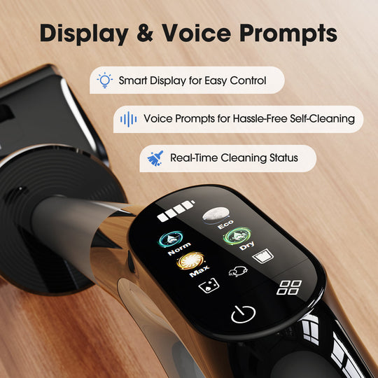 Smart device with display and voice prompts on a wooden surface