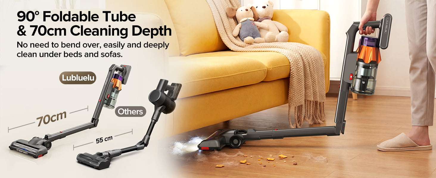 Vacuum cleaner with extendable tube cleaning under a yellow sofa.