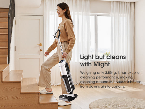 Woman using a cordless vacuum cleaner in a home setting with text highlighting its light weight and cleaning power.