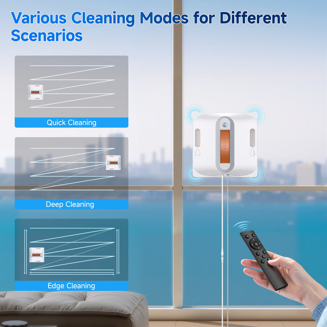 Window cleaning device with remote control in a living room setting, showing different cleaning modes.