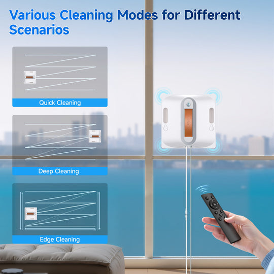 Window cleaning device with remote control in a living room setting, showing different cleaning modes.