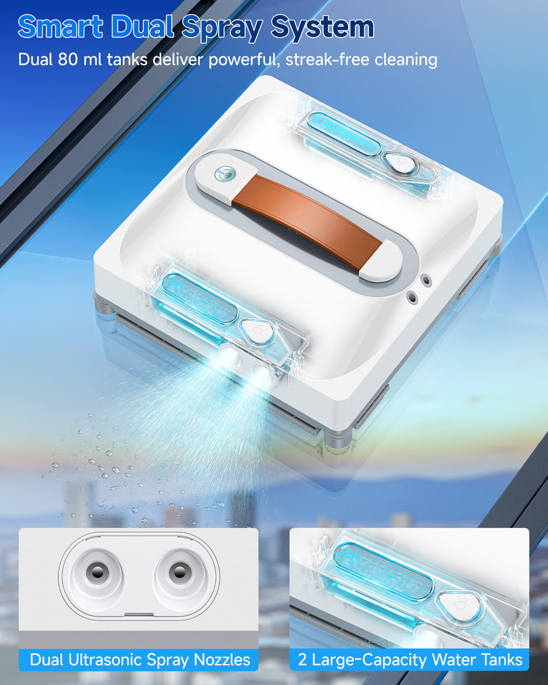 Smart dual spray system with ultrasonic nozzles and large-capacity water tanks on a blue gradient background.