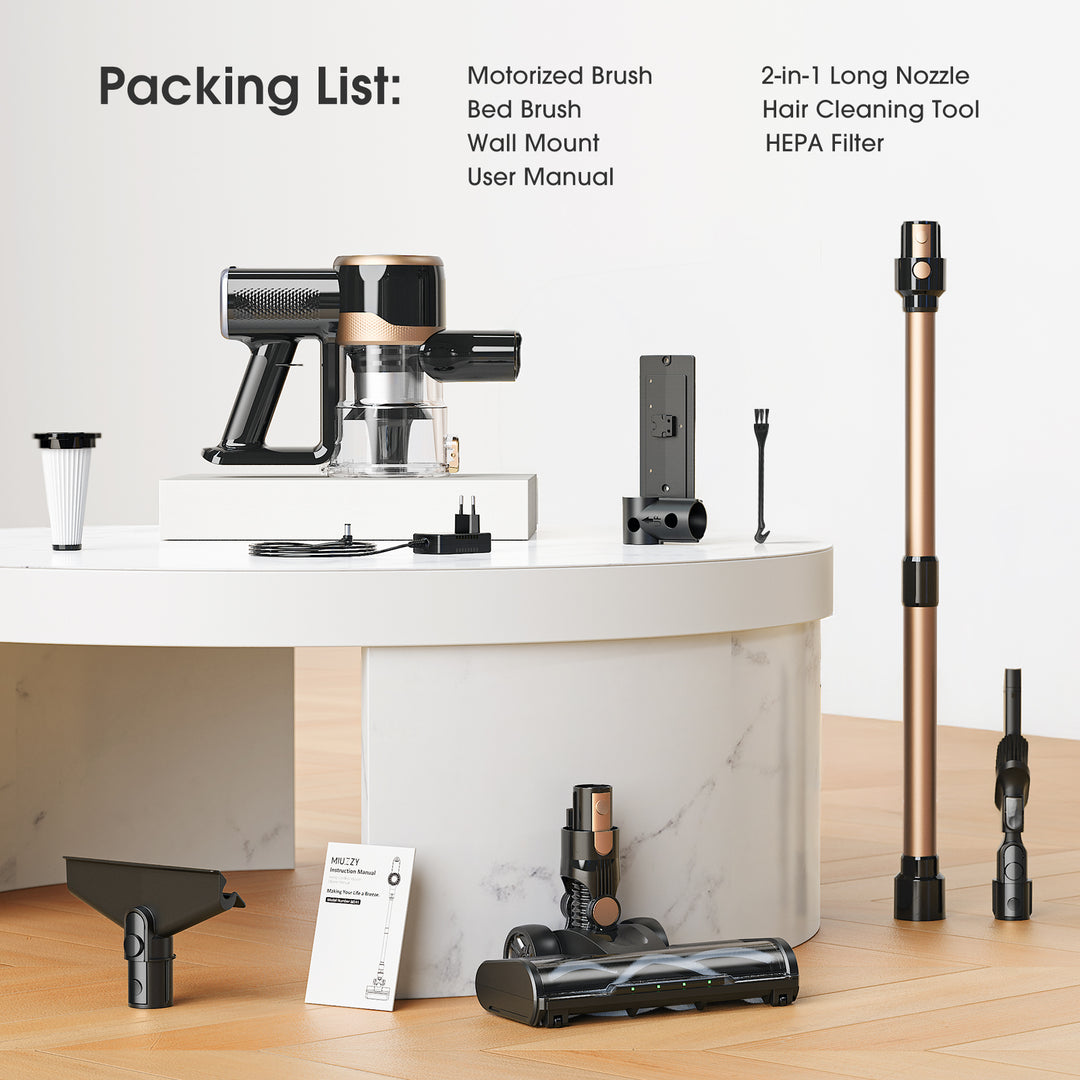Packing list of a cleaning tool with various attachments on a white surface.