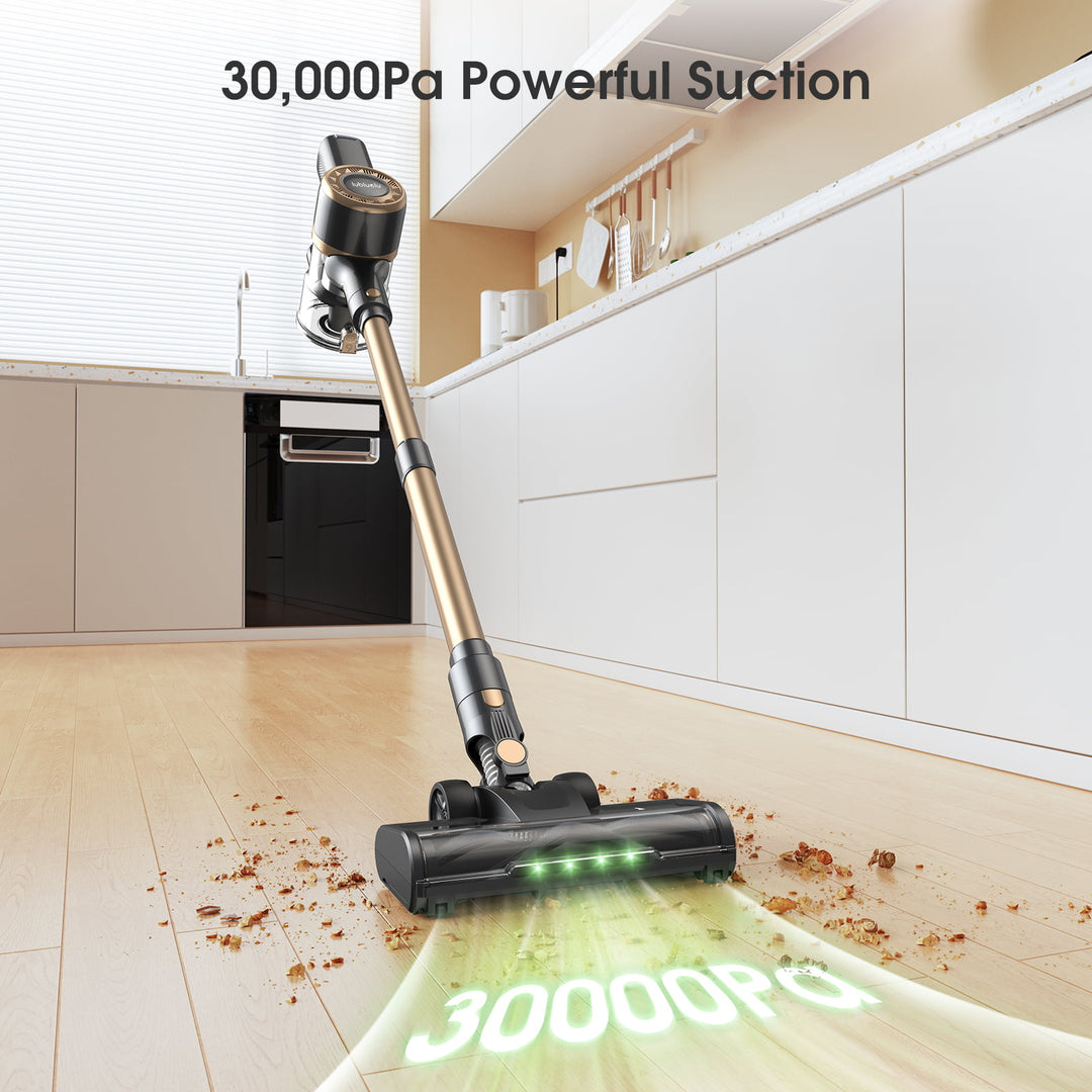 Cordless vacuum cleaner with powerful suction on a wooden floor in a modern kitchen.