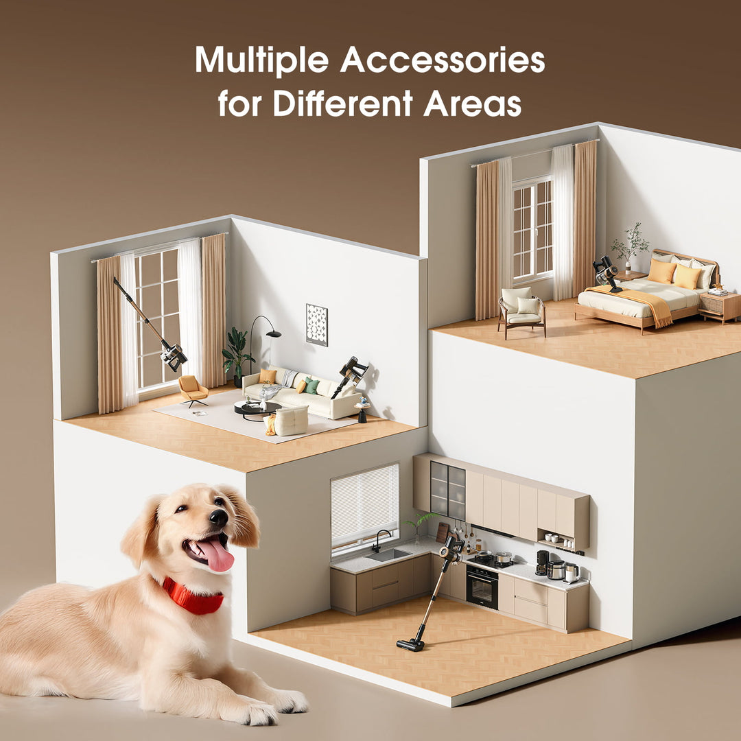 Collage of a living room, bedroom, and kitchen with a dog in a neutral setting.