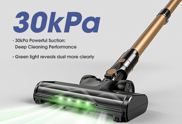 Vacuum cleaner with green light feature on a gray background