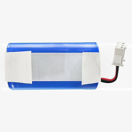 A blue lithium-ion battery with white connectors and caution labels, made in China, for a robotic vacuum cleaner.