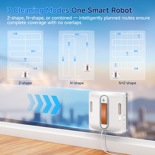 Smart robot cleaning device with cleaning modes illustration on a blurred background