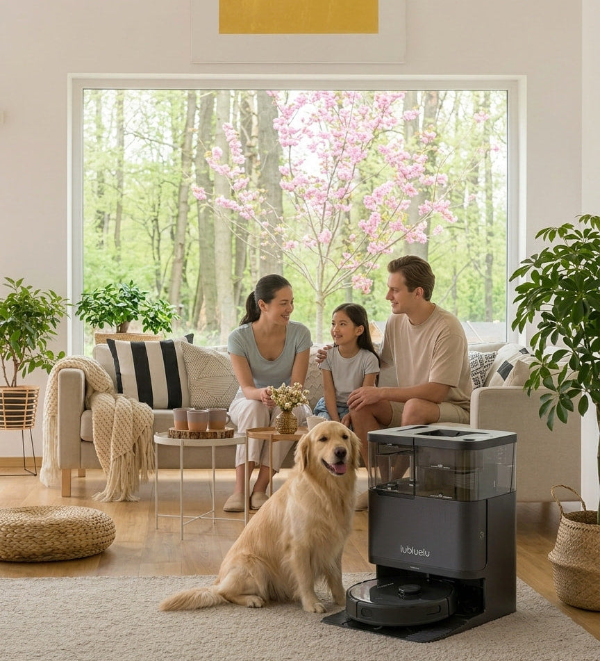 Family with a dog in a living room with a vacuum cleaner.