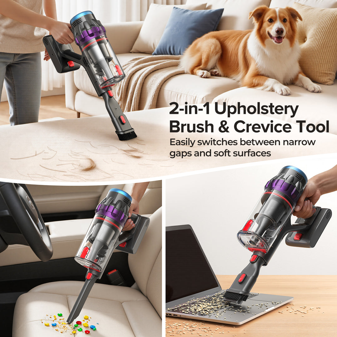 2-in-1 Upholstery Brush & Crevice Tool
Easily switches between narrow gaps and soft surfaces。