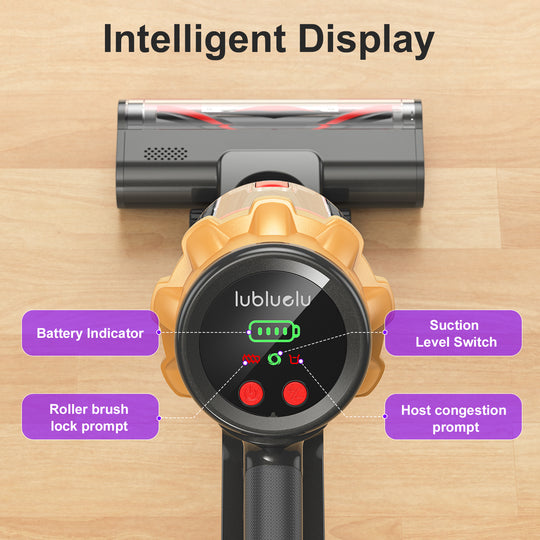 Vacuum cleaner with digital display and labeled components on a wooden surface