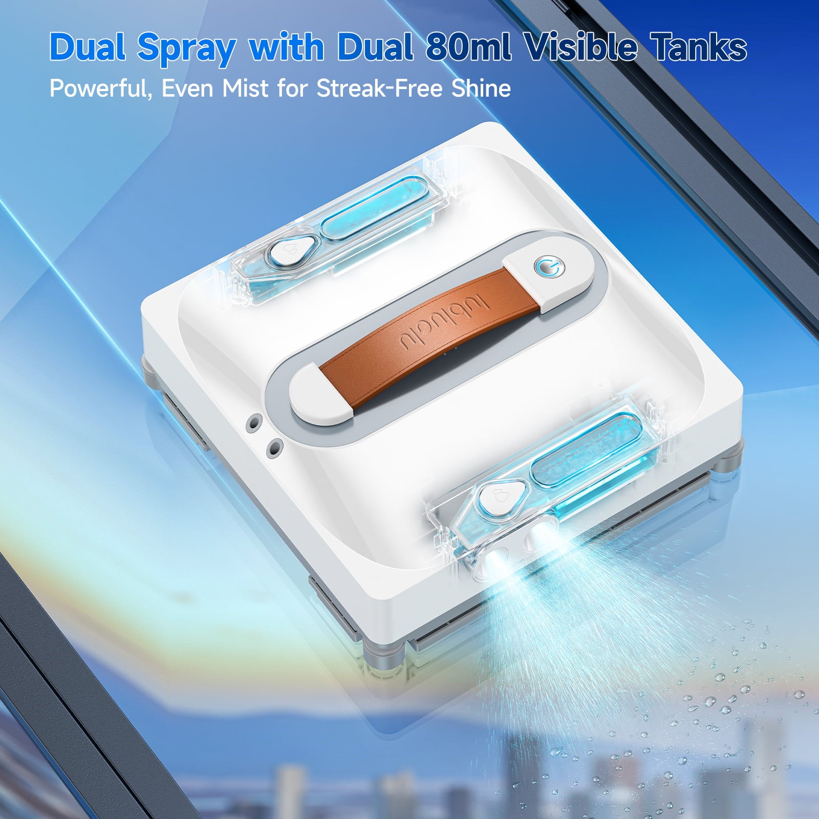 Window cleaning device with dual spray nozzles on a glass surface