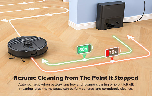 Robotic vacuum cleaner on a wooden floor with charging station and power outlet.