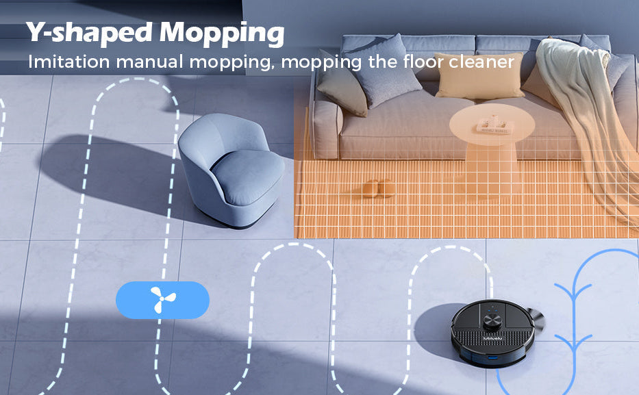 Smart robot vacuum cleaner with Y-shaped mapping technology on a living room floor.