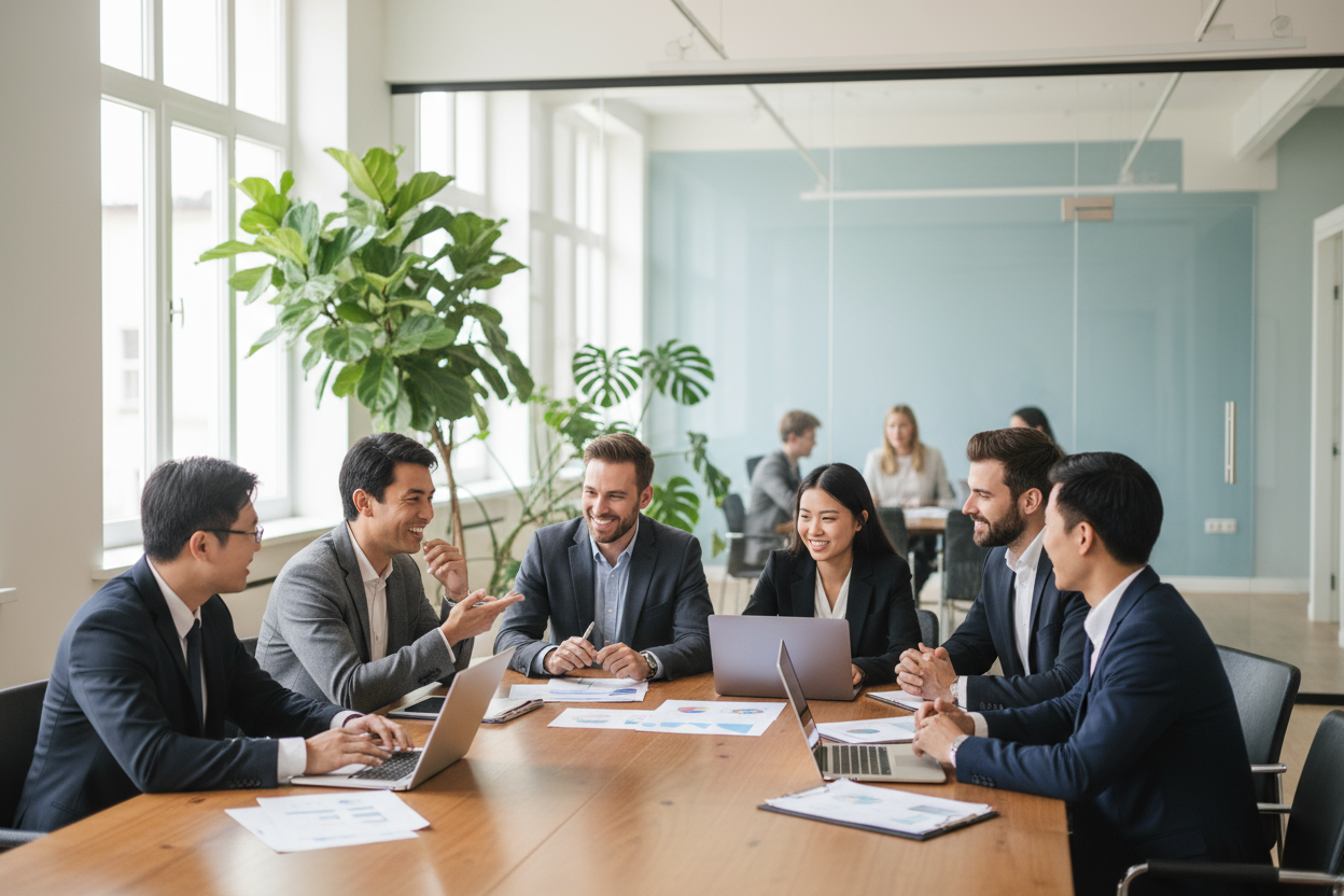 This section primarily focuses on B2B collaborative projects; the images showcase a friendly and cooperative atmosphere.